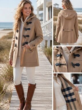 Burberry London Wool Duffle Coat Camel Hooded Toggle Coat Size US 6